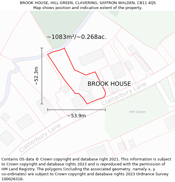 BROOK HOUSE, HILL GREEN, CLAVERING, SAFFRON WALDEN, CB11 4QS: Plot and title map