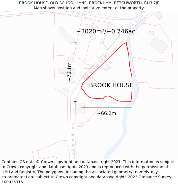 BROOK HOUSE, OLD SCHOOL LANE, BROCKHAM, BETCHWORTH, RH3 7JP: Plot and title map