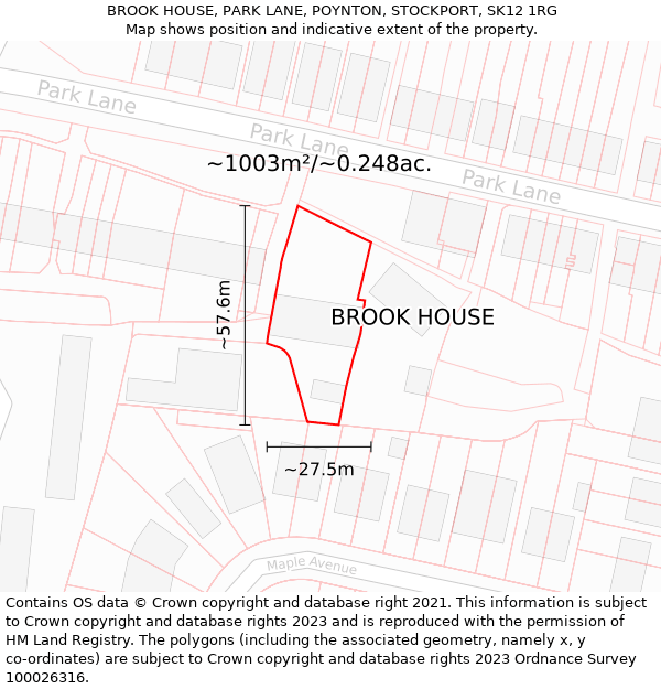 BROOK HOUSE, PARK LANE, POYNTON, STOCKPORT, SK12 1RG: Plot and title map