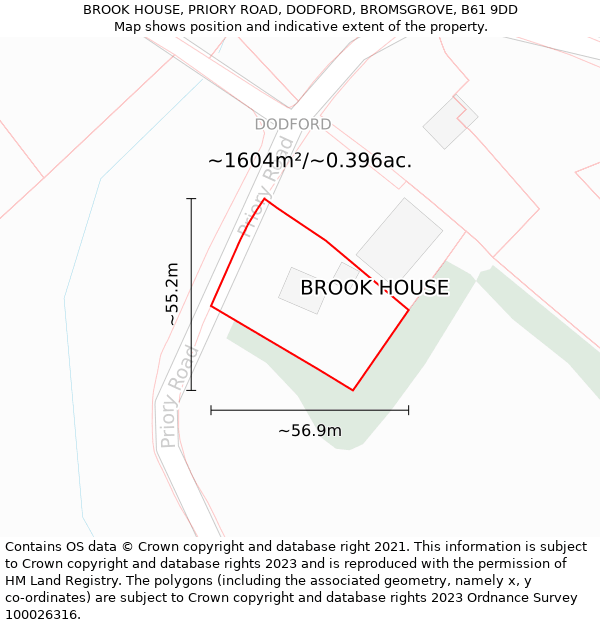 BROOK HOUSE, PRIORY ROAD, DODFORD, BROMSGROVE, B61 9DD: Plot and title map