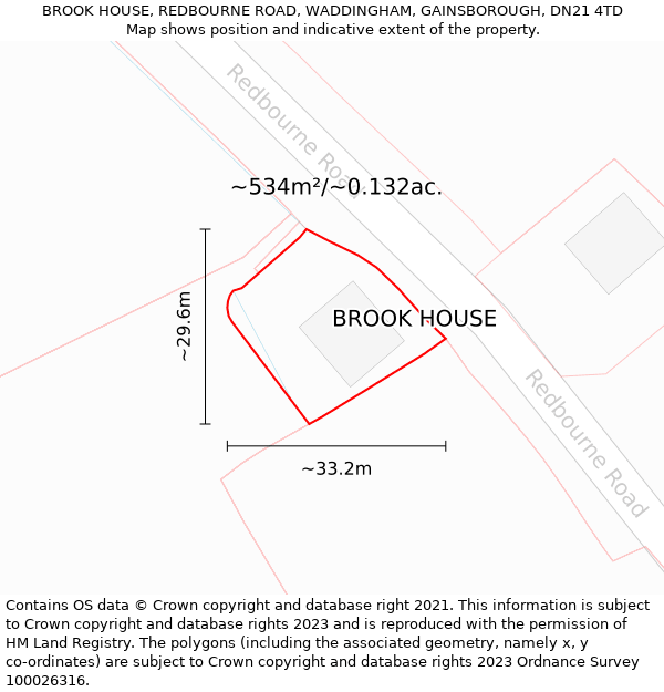 BROOK HOUSE, REDBOURNE ROAD, WADDINGHAM, GAINSBOROUGH, DN21 4TD: Plot and title map