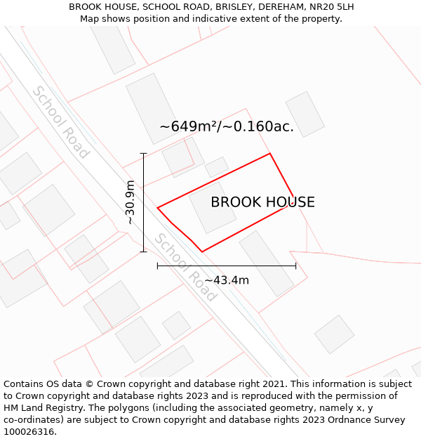 BROOK HOUSE, SCHOOL ROAD, BRISLEY, DEREHAM, NR20 5LH: Plot and title map