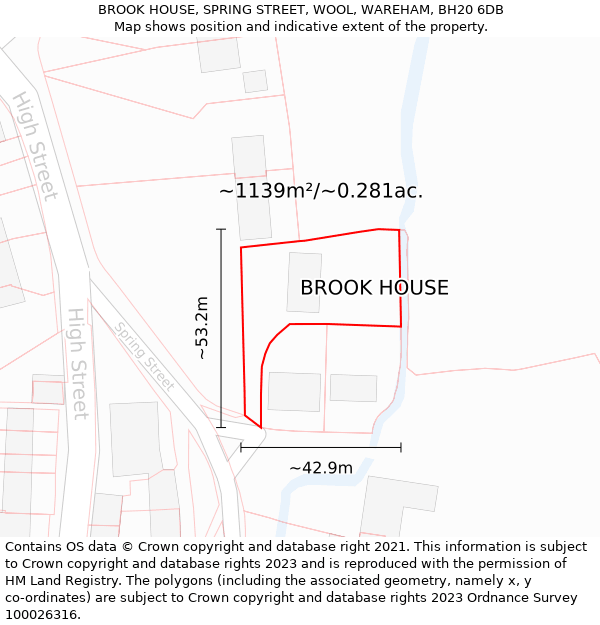 BROOK HOUSE, SPRING STREET, WOOL, WAREHAM, BH20 6DB: Plot and title map