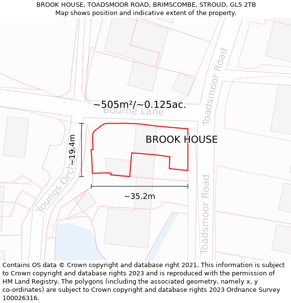 BROOK HOUSE, TOADSMOOR ROAD, BRIMSCOMBE, STROUD, GL5 2TB: Plot and title map