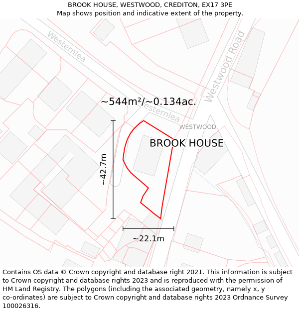 BROOK HOUSE, WESTWOOD, CREDITON, EX17 3PE: Plot and title map