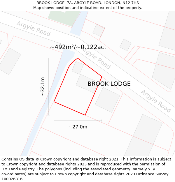 BROOK LODGE, 7A, ARGYLE ROAD, LONDON, N12 7HS: Plot and title map
