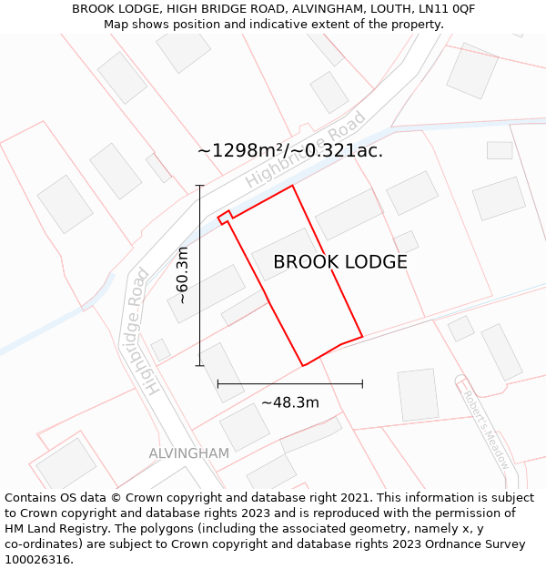 BROOK LODGE, HIGH BRIDGE ROAD, ALVINGHAM, LOUTH, LN11 0QF: Plot and title map