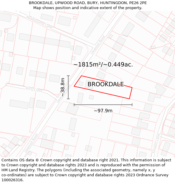 BROOKDALE, UPWOOD ROAD, BURY, HUNTINGDON, PE26 2PE: Plot and title map