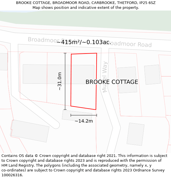 BROOKE COTTAGE, BROADMOOR ROAD, CARBROOKE, THETFORD, IP25 6SZ: Plot and title map