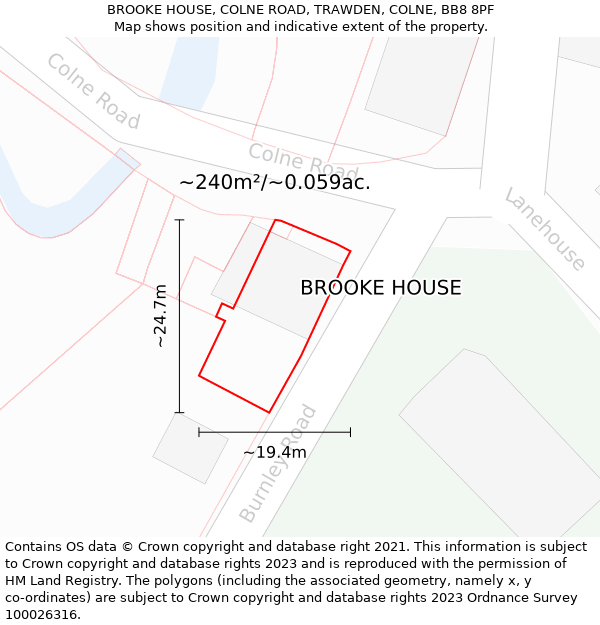 BROOKE HOUSE, COLNE ROAD, TRAWDEN, COLNE, BB8 8PF: Plot and title map
