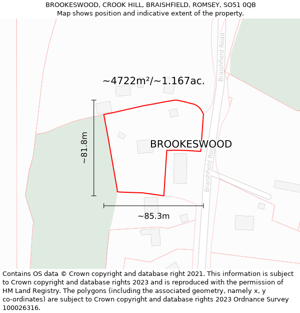 BROOKESWOOD, CROOK HILL, BRAISHFIELD, ROMSEY, SO51 0QB: Plot and title map