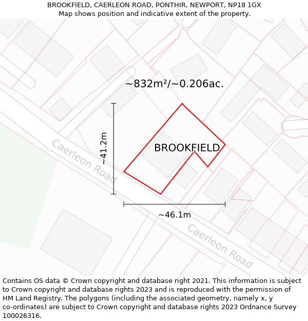 BROOKFIELD, CAERLEON ROAD, PONTHIR, NEWPORT, NP18 1GX: Plot and title map