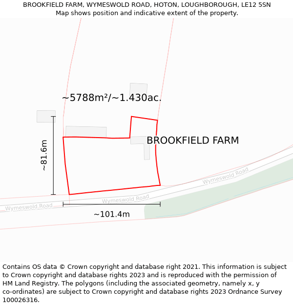 BROOKFIELD FARM, WYMESWOLD ROAD, HOTON, LOUGHBOROUGH, LE12 5SN: Plot and title map