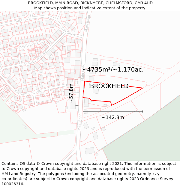 BROOKFIELD, MAIN ROAD, BICKNACRE, CHELMSFORD, CM3 4HD: Plot and title map