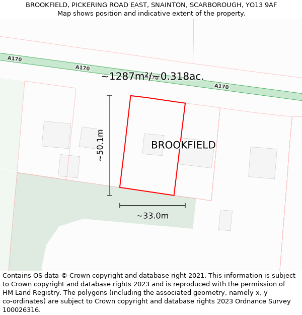 BROOKFIELD, PICKERING ROAD EAST, SNAINTON, SCARBOROUGH, YO13 9AF: Plot and title map