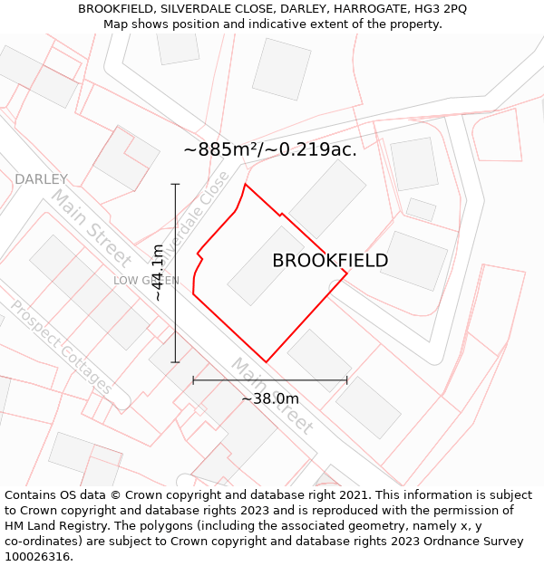 BROOKFIELD, SILVERDALE CLOSE, DARLEY, HARROGATE, HG3 2PQ: Plot and title map