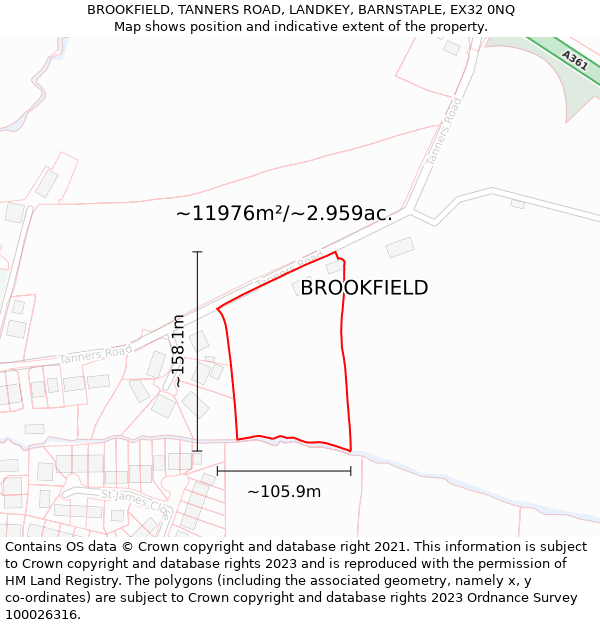 BROOKFIELD, TANNERS ROAD, LANDKEY, BARNSTAPLE, EX32 0NQ: Plot and title map