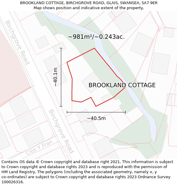 BROOKLAND COTTAGE, BIRCHGROVE ROAD, GLAIS, SWANSEA, SA7 9ER: Plot and title map