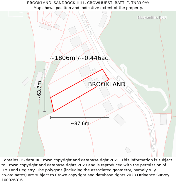 BROOKLAND, SANDROCK HILL, CROWHURST, BATTLE, TN33 9AY: Plot and title map