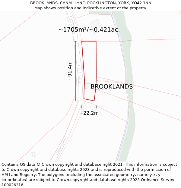 BROOKLANDS, CANAL LANE, POCKLINGTON, YORK, YO42 1NN: Plot and title map