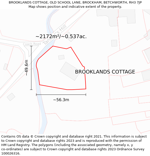 BROOKLANDS COTTAGE, OLD SCHOOL LANE, BROCKHAM, BETCHWORTH, RH3 7JP: Plot and title map