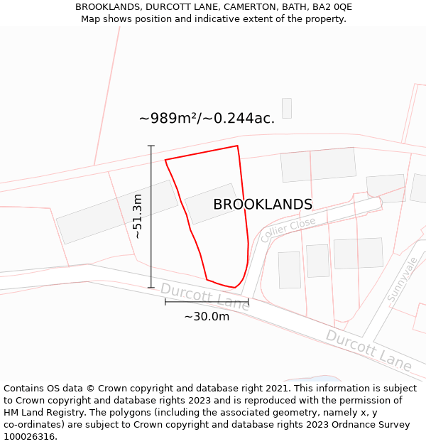 BROOKLANDS, DURCOTT LANE, CAMERTON, BATH, BA2 0QE: Plot and title map