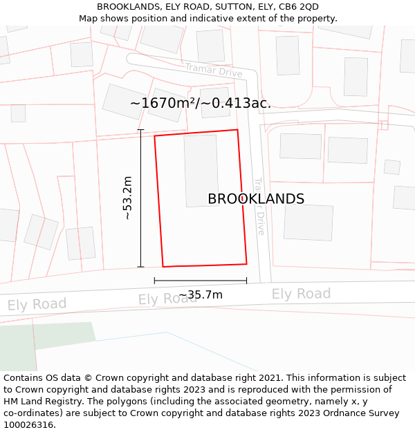 BROOKLANDS, ELY ROAD, SUTTON, ELY, CB6 2QD: Plot and title map