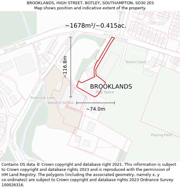 BROOKLANDS, HIGH STREET, BOTLEY, SOUTHAMPTON, SO30 2ES: Plot and title map