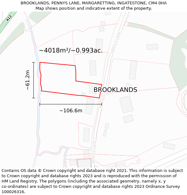 BROOKLANDS, PENNYS LANE, MARGARETTING, INGATESTONE, CM4 0HA: Plot and title map