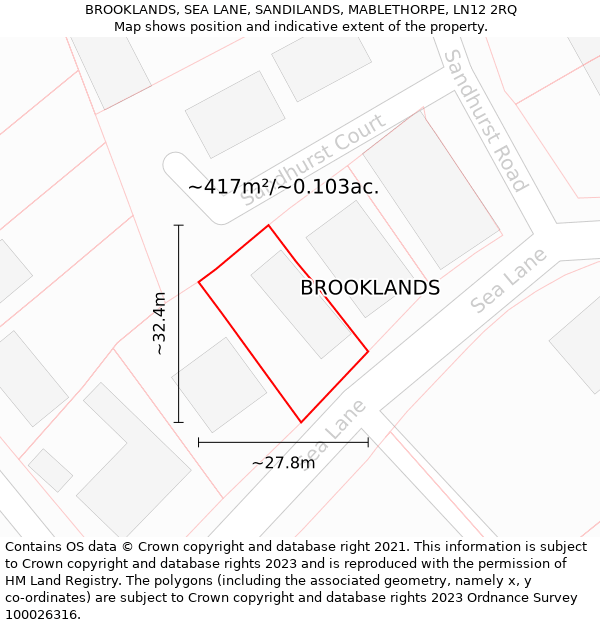 BROOKLANDS, SEA LANE, SANDILANDS, MABLETHORPE, LN12 2RQ: Plot and title map