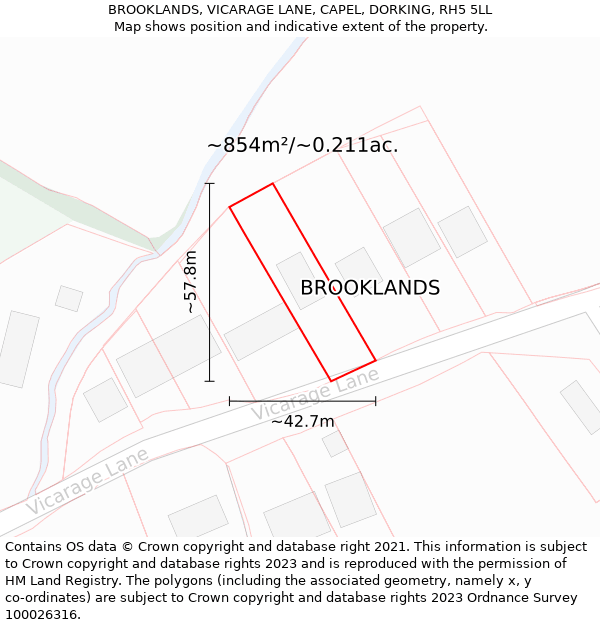 BROOKLANDS, VICARAGE LANE, CAPEL, DORKING, RH5 5LL: Plot and title map