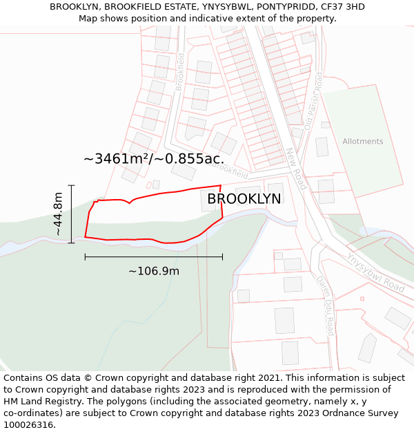 BROOKLYN, BROOKFIELD ESTATE, YNYSYBWL, PONTYPRIDD, CF37 3HD: Plot and title map