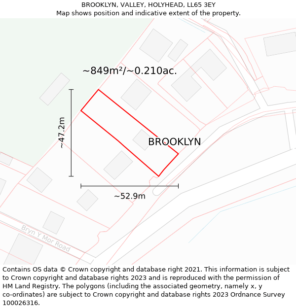 BROOKLYN, VALLEY, HOLYHEAD, LL65 3EY: Plot and title map