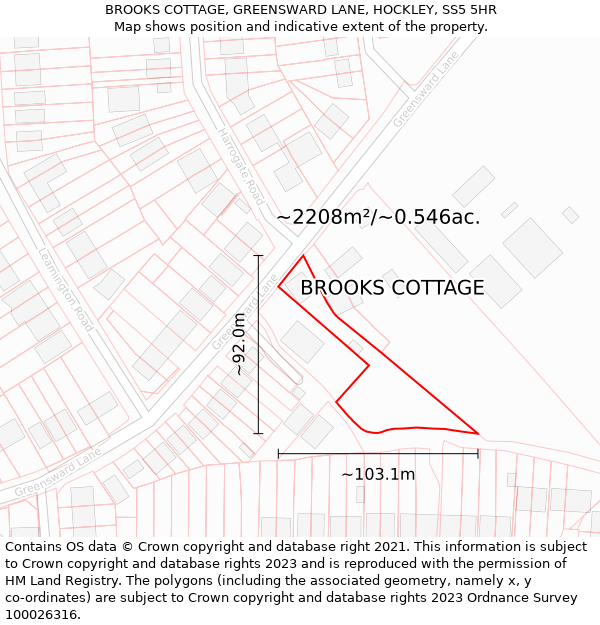 BROOKS COTTAGE, GREENSWARD LANE, HOCKLEY, SS5 5HR: Plot and title map