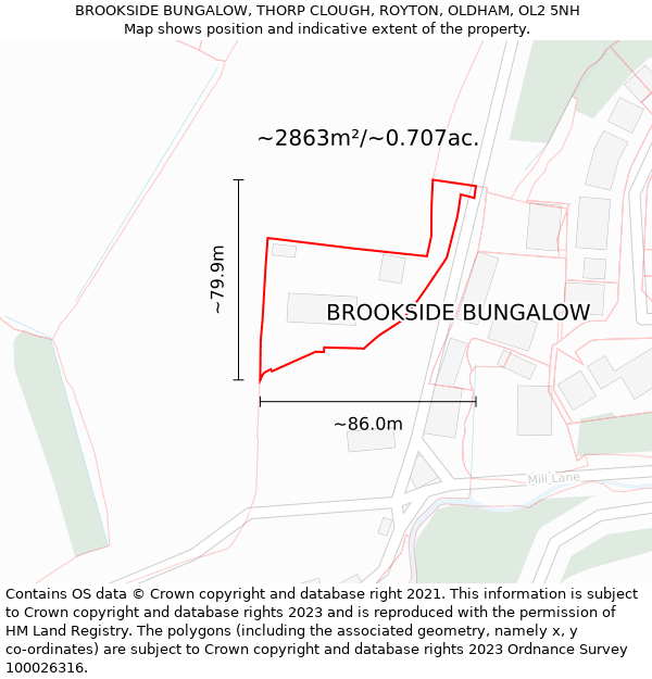 BROOKSIDE BUNGALOW, THORP CLOUGH, ROYTON, OLDHAM, OL2 5NH: Plot and title map