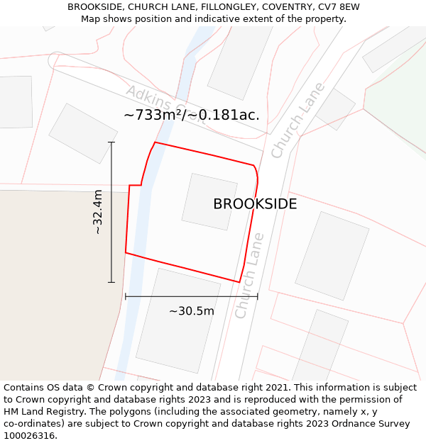 BROOKSIDE, CHURCH LANE, FILLONGLEY, COVENTRY, CV7 8EW: Plot and title map