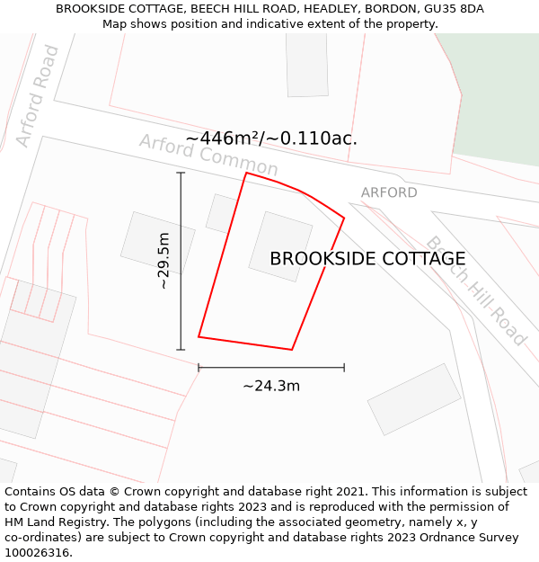 BROOKSIDE COTTAGE, BEECH HILL ROAD, HEADLEY, BORDON, GU35 8DA: Plot and title map