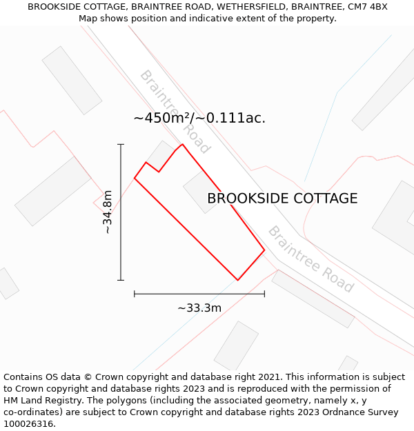 BROOKSIDE COTTAGE, BRAINTREE ROAD, WETHERSFIELD, BRAINTREE, CM7 4BX: Plot and title map