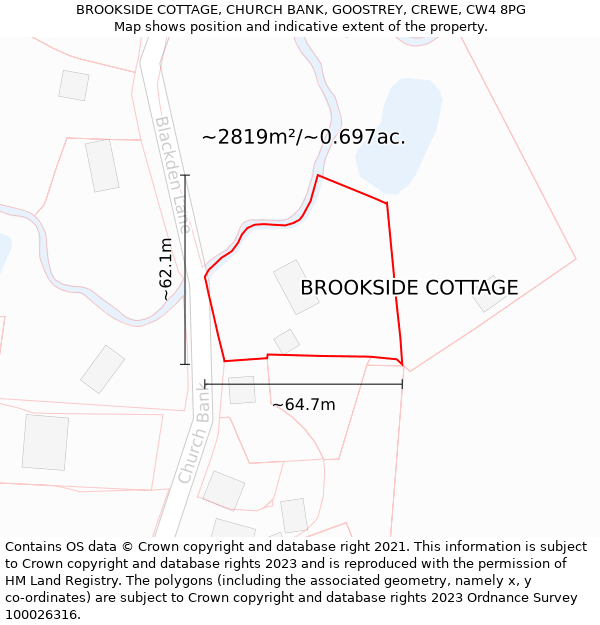 BROOKSIDE COTTAGE, CHURCH BANK, GOOSTREY, CREWE, CW4 8PG: Plot and title map