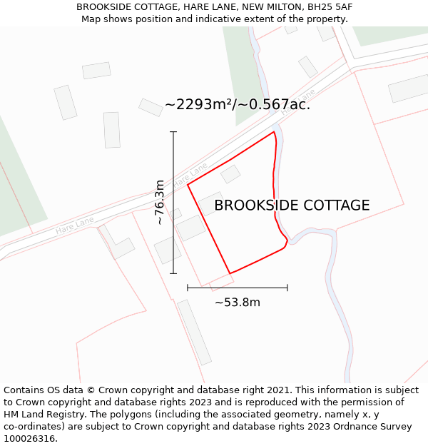 BROOKSIDE COTTAGE, HARE LANE, NEW MILTON, BH25 5AF: Plot and title map