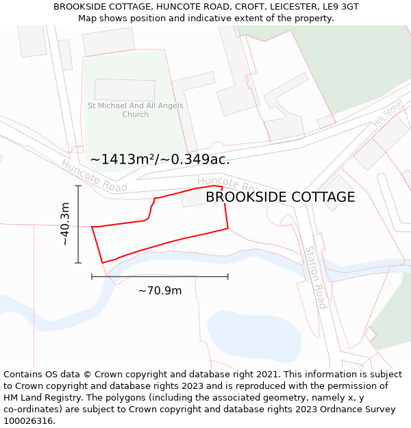 BROOKSIDE COTTAGE, HUNCOTE ROAD, CROFT, LEICESTER, LE9 3GT: Plot and title map