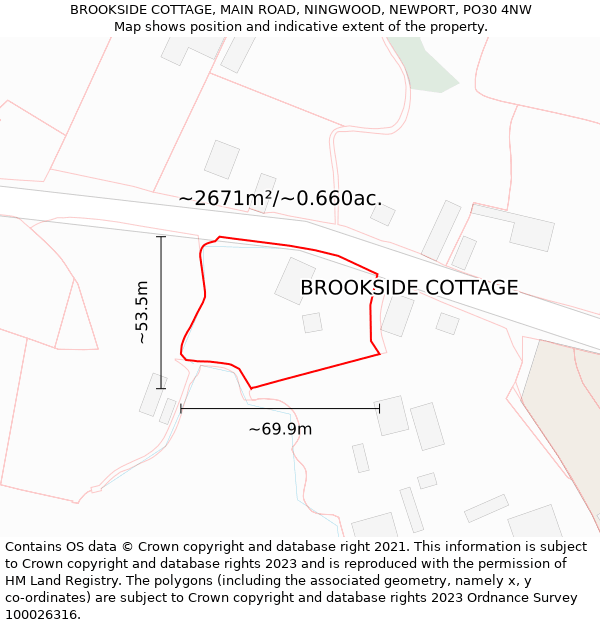 BROOKSIDE COTTAGE, MAIN ROAD, NINGWOOD, NEWPORT, PO30 4NW: Plot and title map