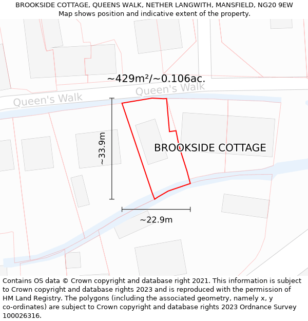 BROOKSIDE COTTAGE, QUEENS WALK, NETHER LANGWITH, MANSFIELD, NG20 9EW: Plot and title map