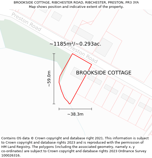 BROOKSIDE COTTAGE, RIBCHESTER ROAD, RIBCHESTER, PRESTON, PR3 3YA: Plot and title map