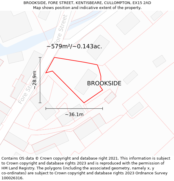 BROOKSIDE, FORE STREET, KENTISBEARE, CULLOMPTON, EX15 2AD: Plot and title map