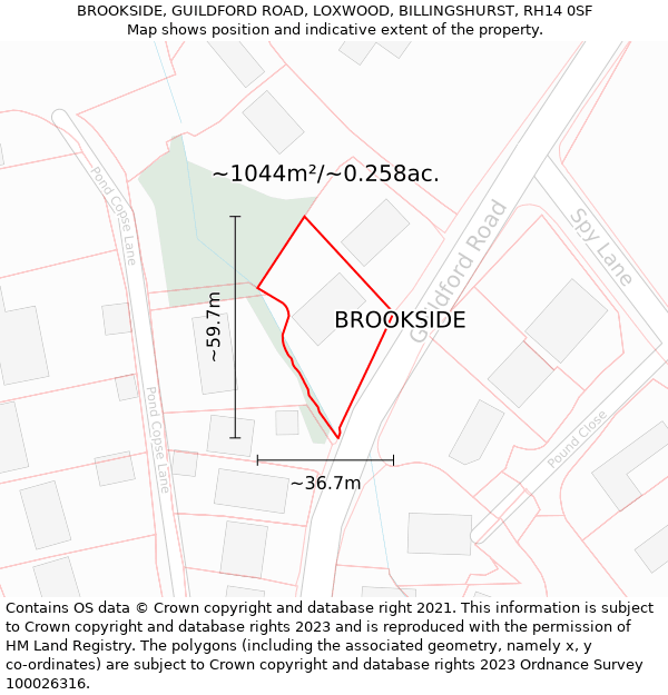 BROOKSIDE, GUILDFORD ROAD, LOXWOOD, BILLINGSHURST, RH14 0SF: Plot and title map