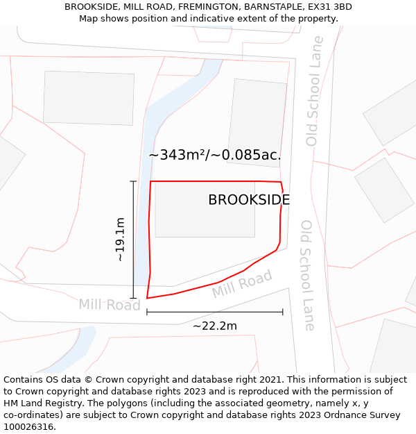 BROOKSIDE, MILL ROAD, FREMINGTON, BARNSTAPLE, EX31 3BD: Plot and title map