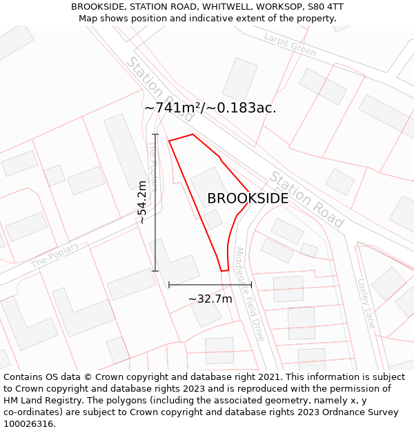 BROOKSIDE, STATION ROAD, WHITWELL, WORKSOP, S80 4TT: Plot and title map