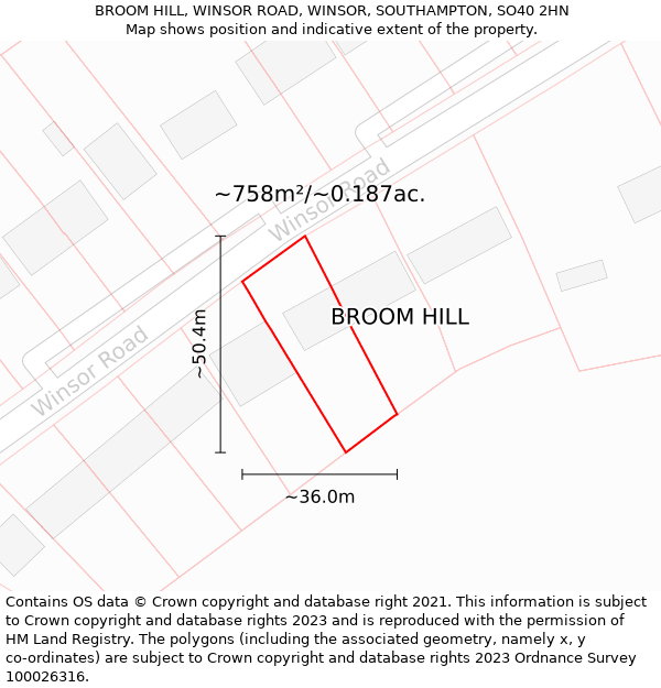 BROOM HILL, WINSOR ROAD, WINSOR, SOUTHAMPTON, SO40 2HN: Plot and title map