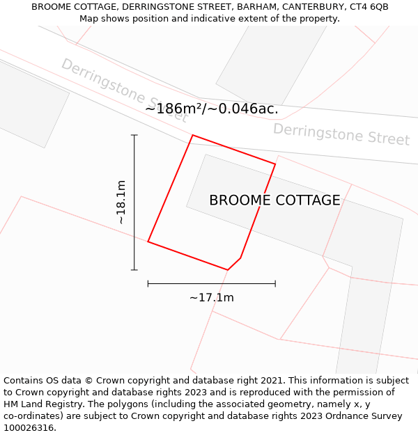 BROOME COTTAGE, DERRINGSTONE STREET, BARHAM, CANTERBURY, CT4 6QB: Plot and title map